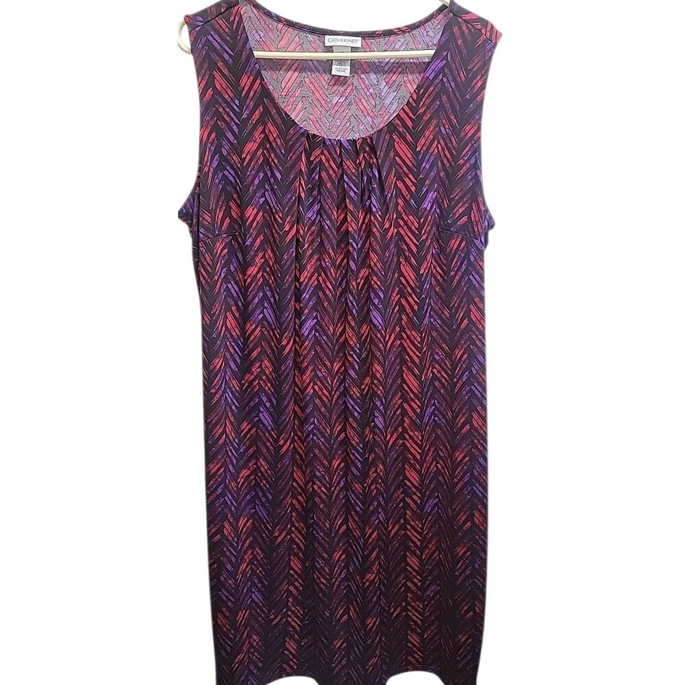 Catherines Dress Maxi 1X Sleeveless Purple Red‎ Herringbone Pleaded Crew Neck